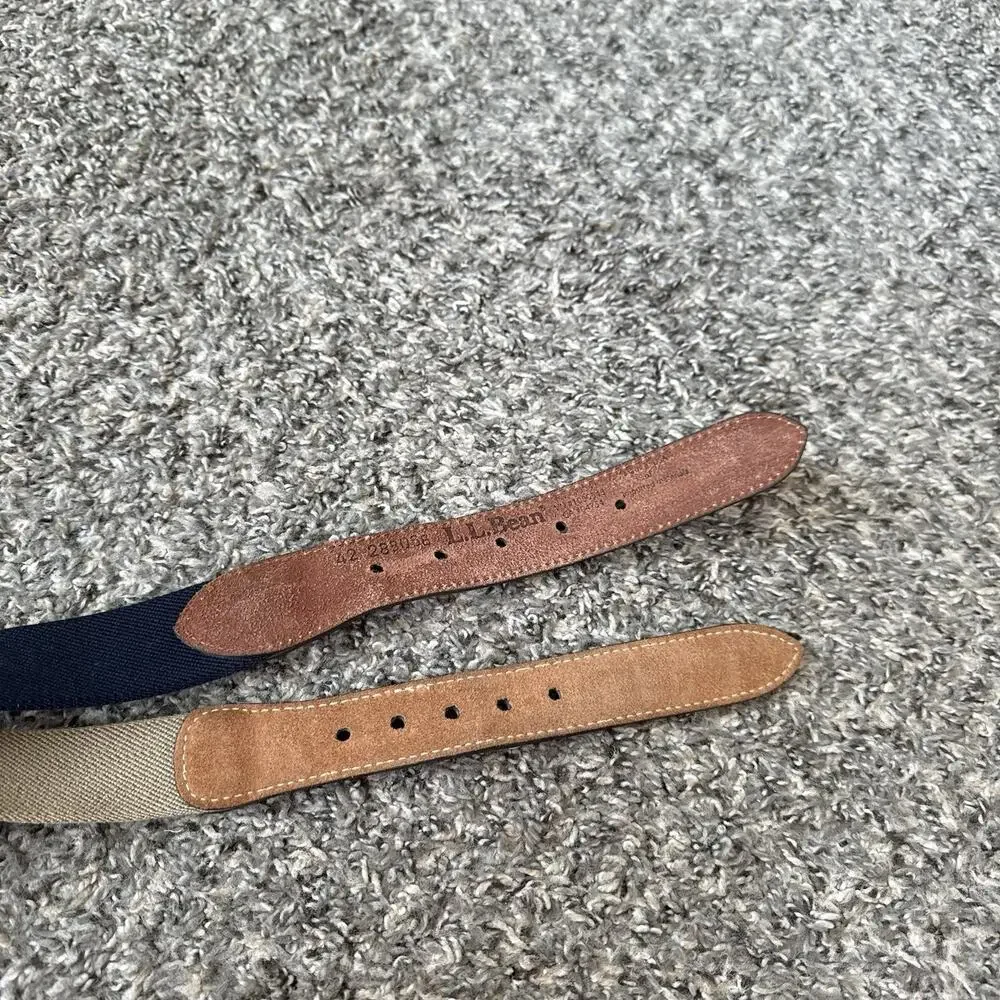 L.L. Bean Belt Men 42 Canvas Web Leather Trim Belt Brass Buckle 2 Lots Navy Tan